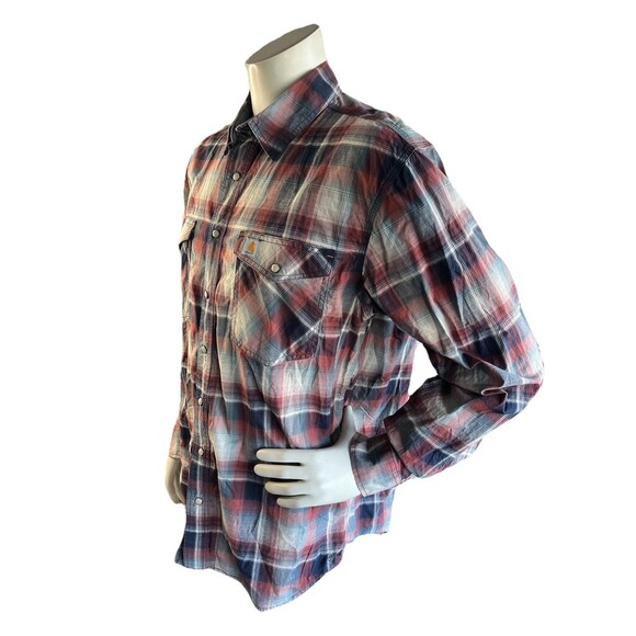 Carhartt Relaxed Fit Button Down Long Sleeve Shirt Men L Tall Pearl Snap Plaid - Picture 3 of 10
